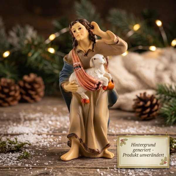Handbemalte Krippenfigur Schäfer mit einem Lamm, ca. 10 cm, K 001-26